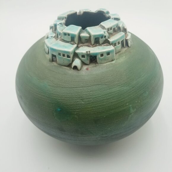 Southwest Pueblo Design Jeremy Diller Raku Pottery Vase Signed J Diller 8"x 8" - Picture 1 of 6